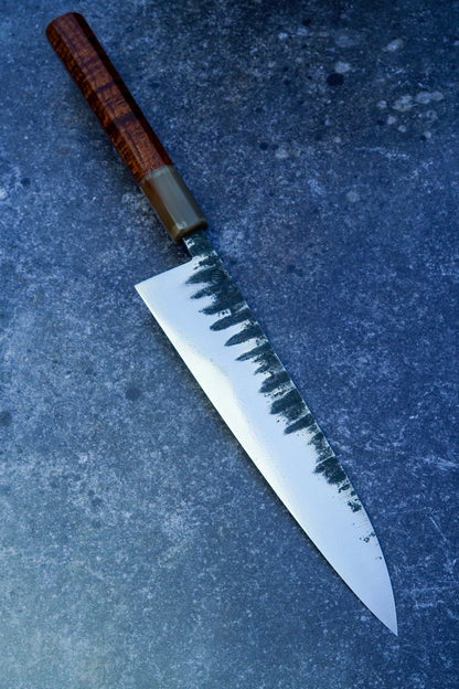 Handmade 235 mm Gyuto with mirror-polished Damascus blade and blonde horn handle