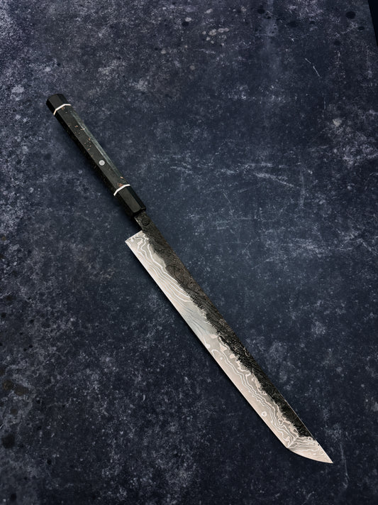 Handmade 320 mm in-house Damascus Sakimaru Sujihiki by MK-Knives, Denmark