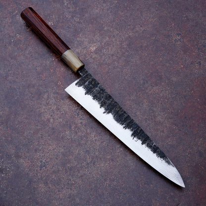 Handmade 255 mm Damascus Gyuto with Desert Ironwood and blonde horn handle