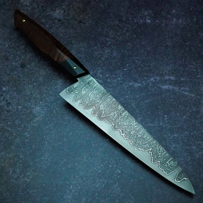 Handmade 220 mm Damascus Gyuto with ApexUltra core and sculpted handle by MK-Knives, Denmark