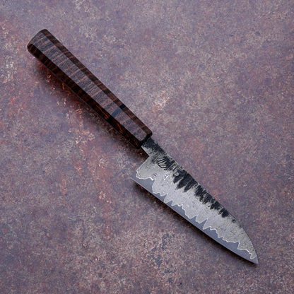 Handmade 118 mm Damascus utility knife with maple burl and buffalo horn handle